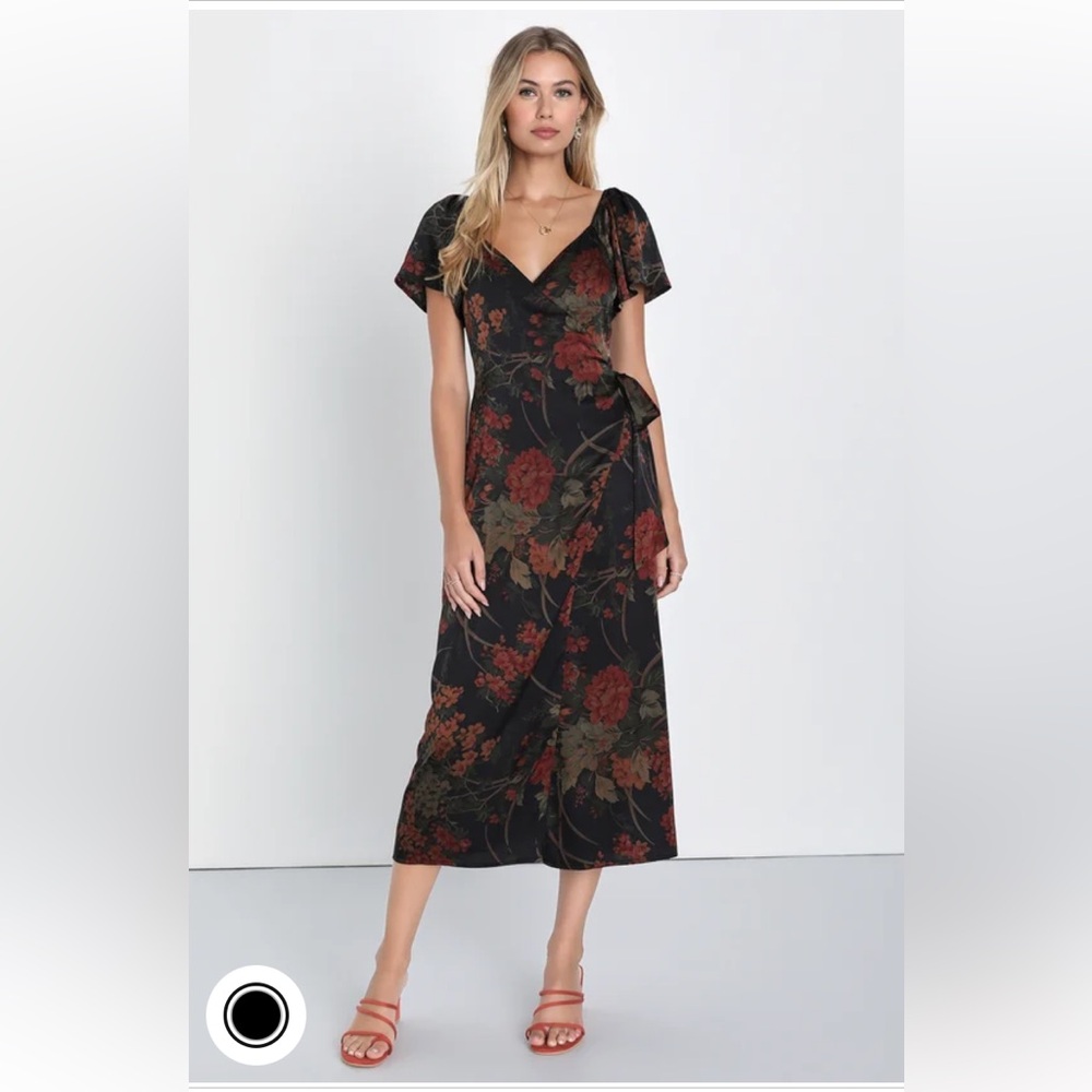 Subtle elegance black floral print faux wrap midi dress